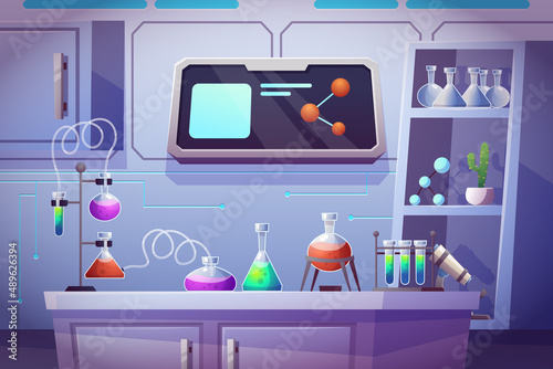 Gradient Realistic Science Laboratory Background, interior of workplace, lab analysis in test, chemical laboratory, Scientific equipment, microscope, flasks with toxic liquid in cartoon chemistry.