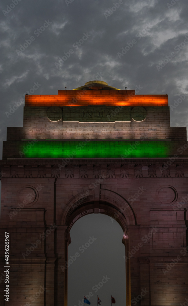 A close up shot of India Gate with the glowing tricolor flag of India ...