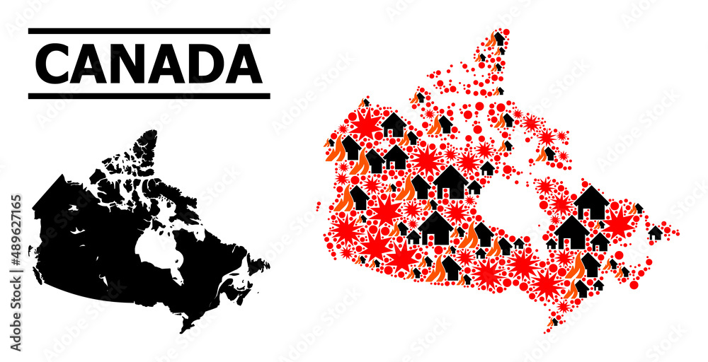 Obraz premium War mosaic vector map of Canada. Geographic mosaic map of Canada is done with randomized fire, destruction, bangs, burn realty, strikes. Vector flat illustration for war posters.