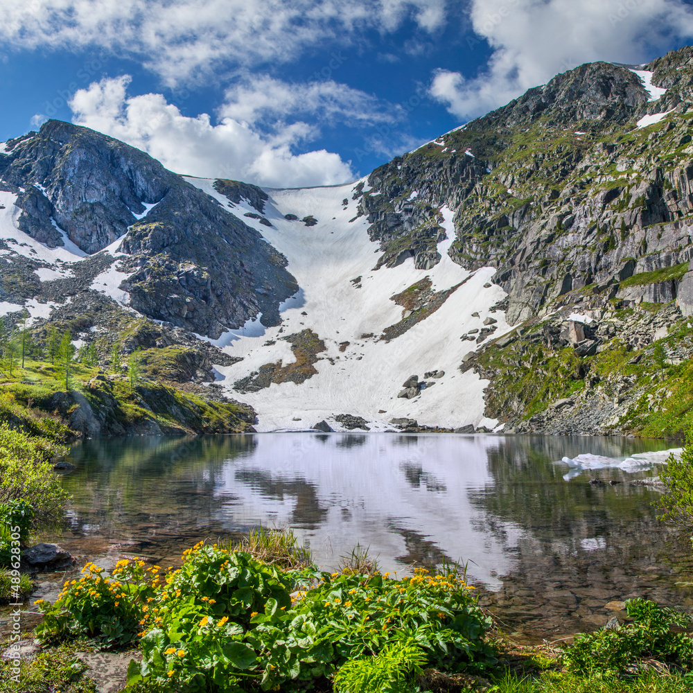 Picturesque mountain lake. Spring in the mountains, snow and flowers.