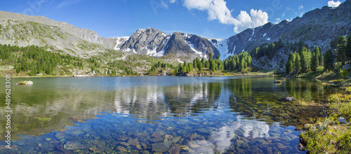 Picturesque landscape, mountain lake in the summer morning, panoramic view