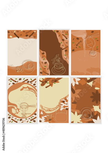 Editable Creative Backgrounds Set With Outline Style Traditional Masala Chai Vector Illustration Icons for Poster Template of Tea House and Indian Culture Related Project
