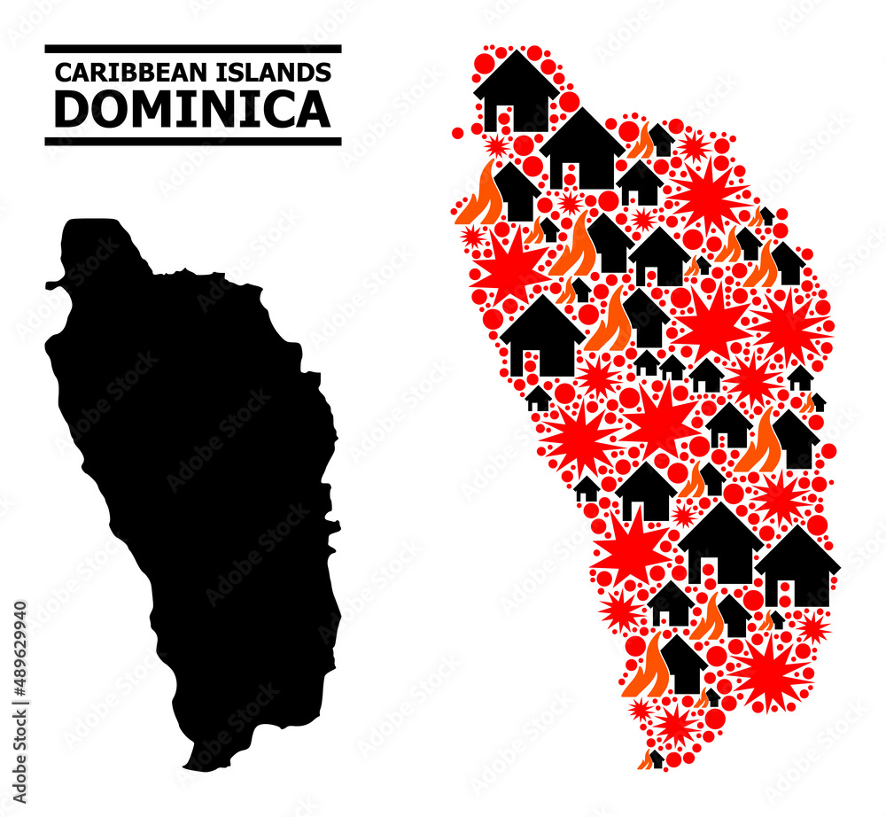 War pattern vector map of Dominica Island. Geographic collage map of Dominica Island is composed from scattered fire, destruction, bangs, burn realty, strikes.