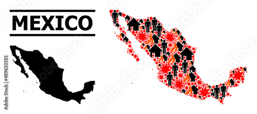 War pattern vector map of Mexico. Geographic collage map of Mexico is combined with random fire, destruction, bangs, burn houses, strikes. Vector flat illustration for war agitation.