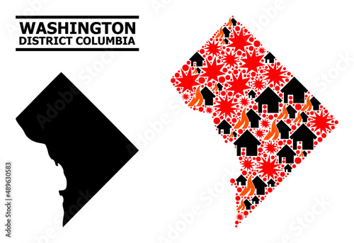 War mosaic vector map of District Columbia. Geographic mosaic map of District Columbia is combined from randomized fire, destruction, bangs, burn homes, strikes. photo