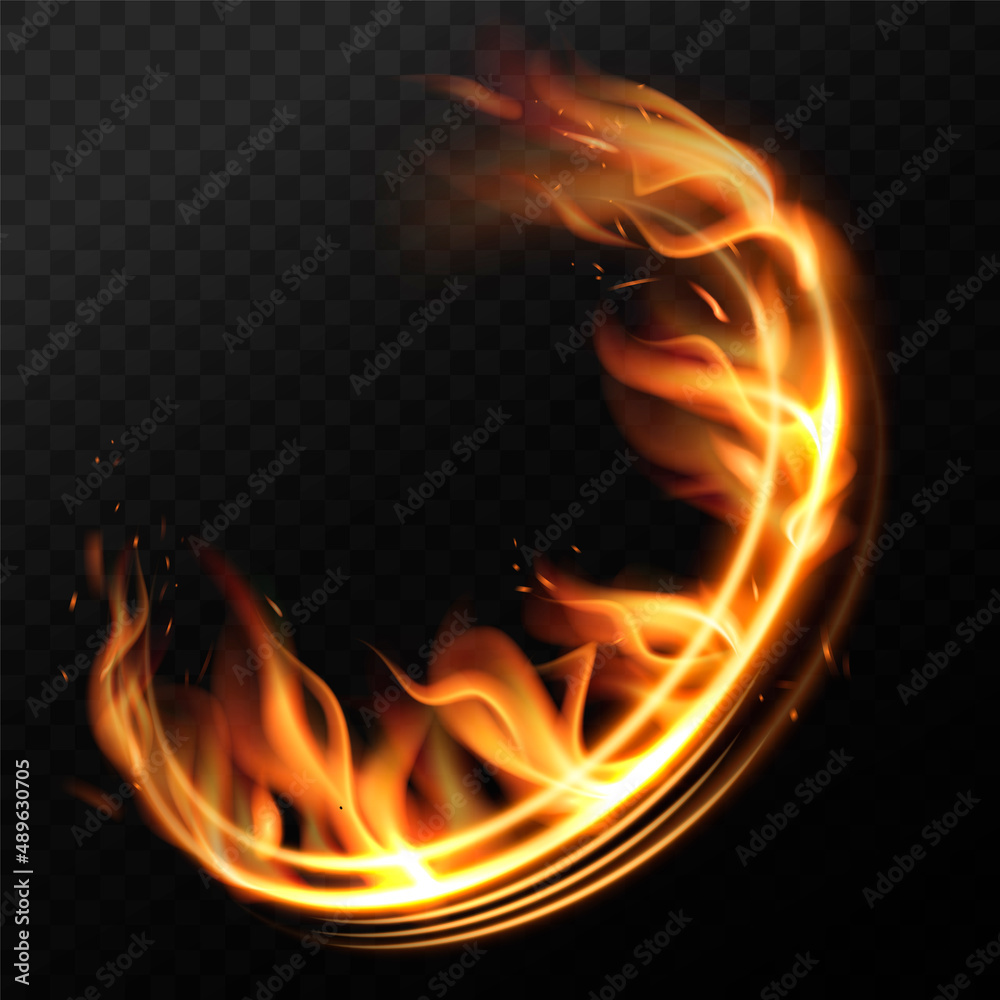 Rotating fire rings. Circle flames effect on transparent background