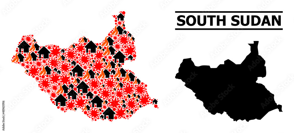 Obraz premium War pattern vector map of South Sudan. Geographic composition map of South Sudan is organized from randomized fire, destruction, bangs, burn homes, strikes. Vector flat illustration for war purposes.