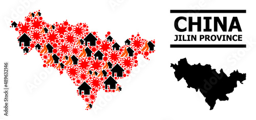 War collage vector map of Jilin Province. Geographic collage map of Jilin Province is designed from scattered fire  destruction  bangs  burn houses  strikes.