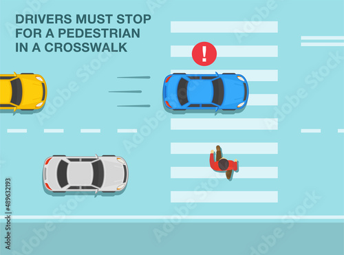 Safety driving and traffic regulation rules. All drivers must stop for a pedestrian in a crosswalk. Failing to stop for pedestrians. Top view. Flat vector illustration template.