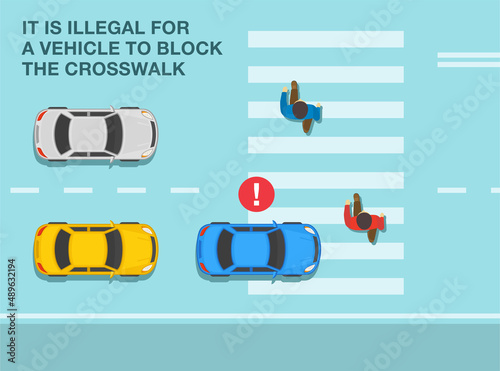 Safety driving and traffic regulation rules. It is illegal for a vehicle to block the crosswalk when pedestrian crossing the road. Top view. Flat vector illustration template.