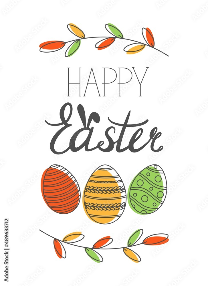Happy Easter greeting card with calligraphic inscription and eggs. Happy Easter lettering. Hand drew easter elements wreath eggs in the white background. Vector illustration. Happy Easter greeting card with calligraphic inscription and eggs. Happy Easter lettering. Hand drew easter elements wreath eggs in the white background. Vector illustration.