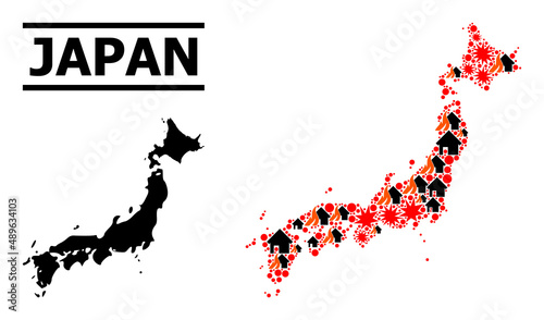 War mosaic vector map of Japan. Geographic collage map of Japan is organized from random fire, destruction, bangs, burn homes, strikes. Vector flat illustration for war posters.