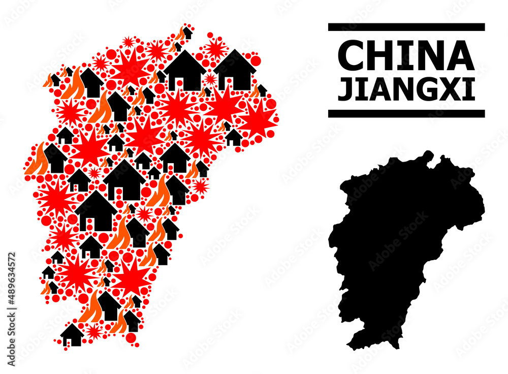 Obraz premium War collage vector Map of Jiangxi Province. Geographic collage Map of Jiangxi Province is combined from scattered fire, destruction, bangs, burn houses, strikes.