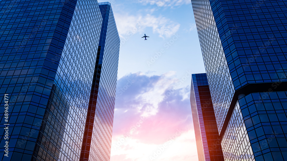 Fototapeta premium 3d Render. perspective, the skyscraper is directed to the sky. blue gradient,