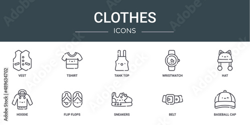 Fotografie, Obraz set of 10 outline web clothes icons such as vest, tshirt, tank top, wristwatch,