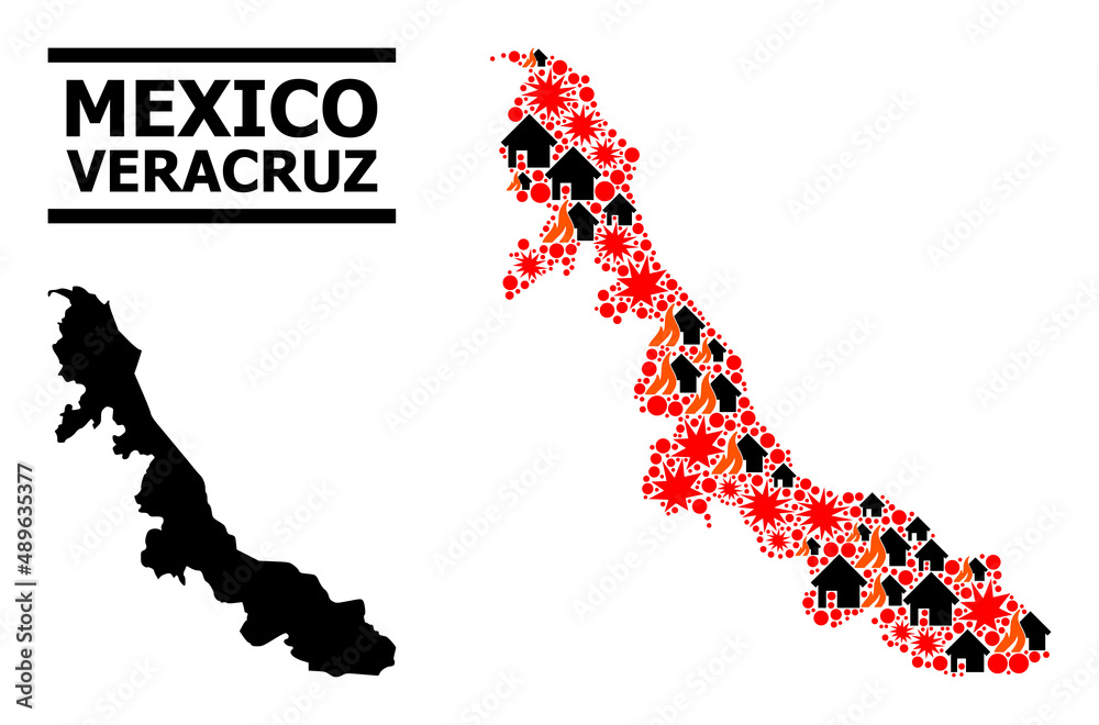 War mosaic vector map of Veracruz State. Geographic mosaic map of Veracruz State is organized from scattered fire, destruction, bangs, burn realty, strikes.