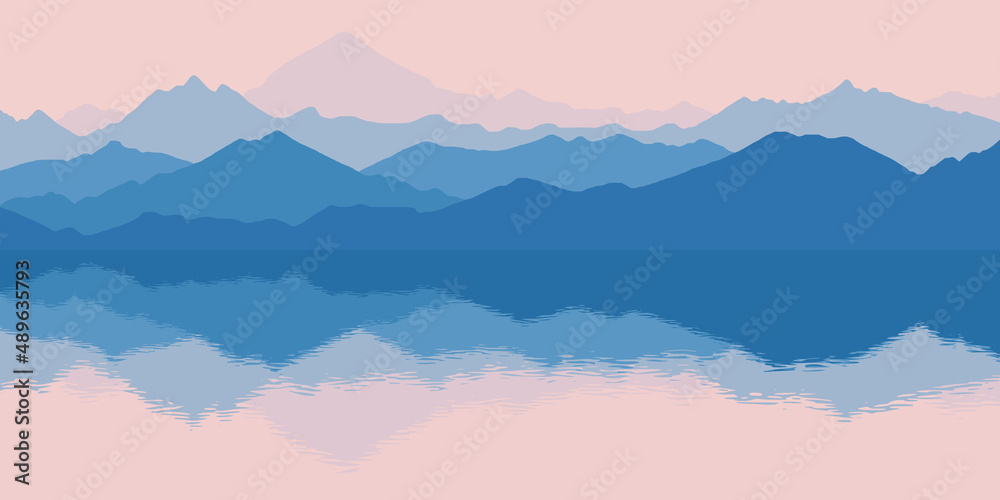 Fantasy on the theme of the morning landscape. Picturesque reflection in the lake, mountains in the fog. Vector illustration, EPS10.