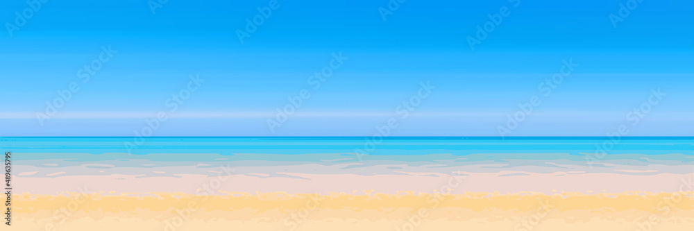 Panoramic view of the sandy beach of the sea, blurred summer background. Blue sky, sea and yellow sand.