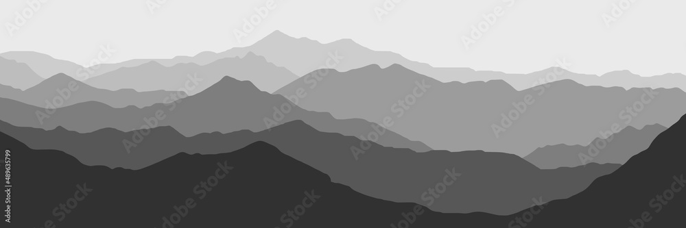 Vector illustration of mountains, ridge in the morning haze, panoramic view, black and white
