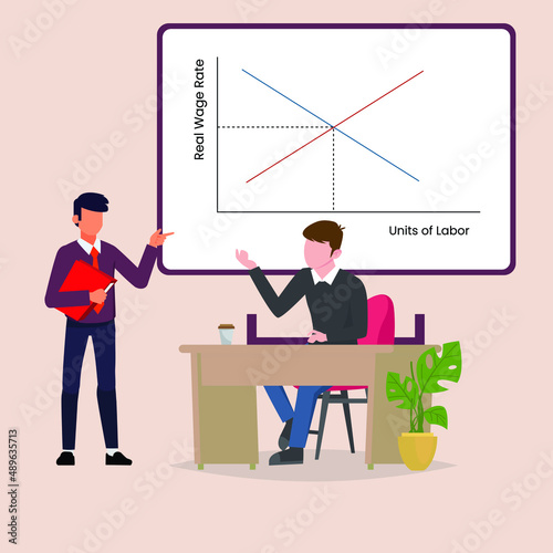 Young boy student present about Labor Market graph in front of the lecturer and their friends. Color flat vector illustration.