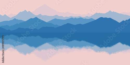 Fantasy on the theme of the morning landscape. Picturesque reflection in the lake, mountains in the fog. Vector illustration, EPS10.
