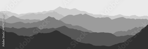 Vector illustration of mountains, ridge in the morning haze, panoramic view, black and white