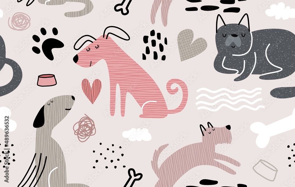 Childish seamless pattern with funny dogs. Childish seamless pattern with funny dogs.