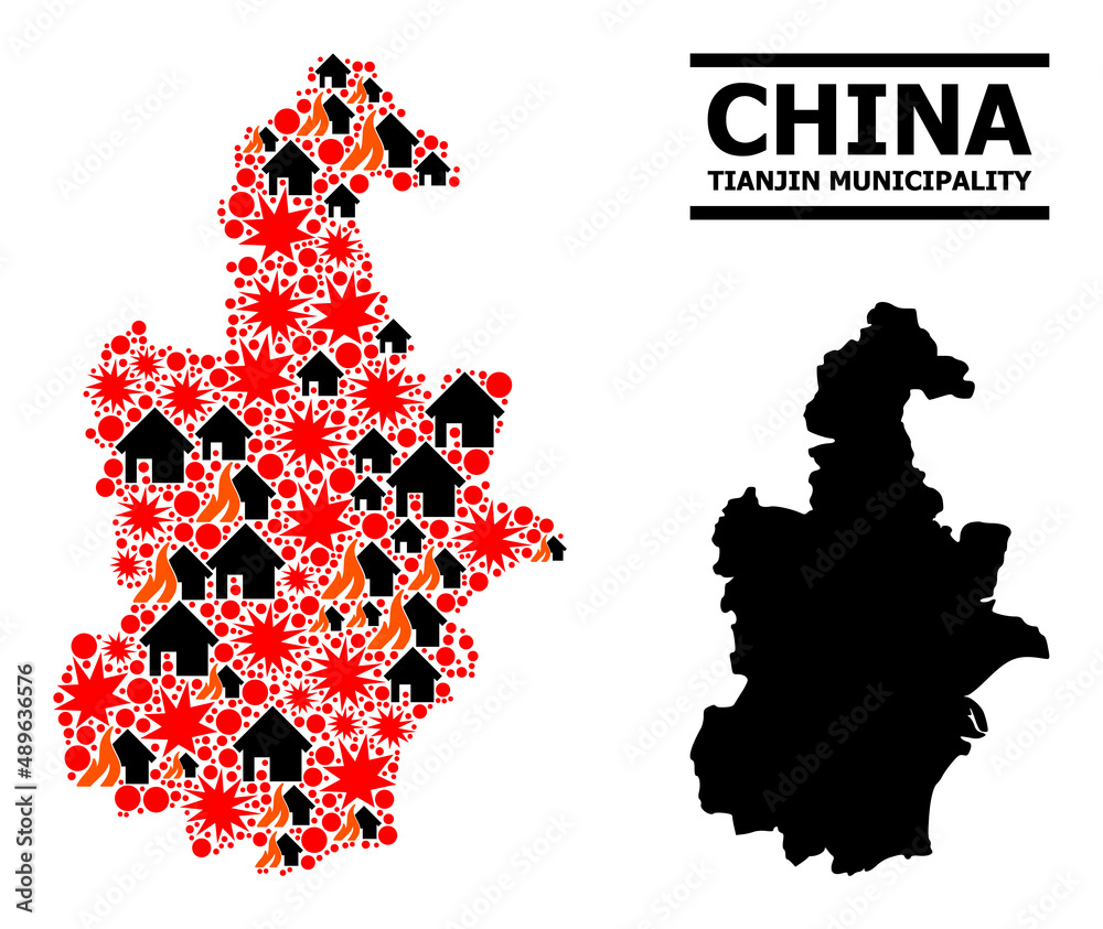 Obraz premium War mosaic vector map of Tianjin Municipality. Geographic mosaic map of Tianjin Municipality is designed from random fire, destruction, bangs, burn homes, strikes.