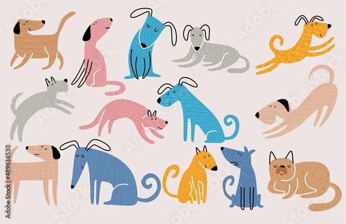 Photography set of hand drawn illustration with cute dogs.