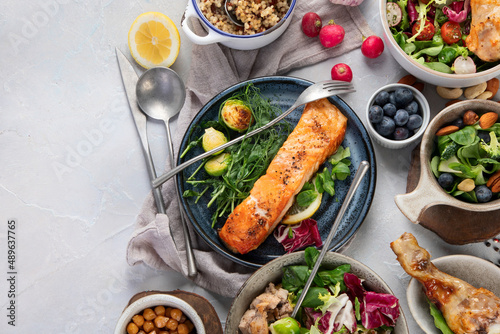 Healthy food assortment on light background.