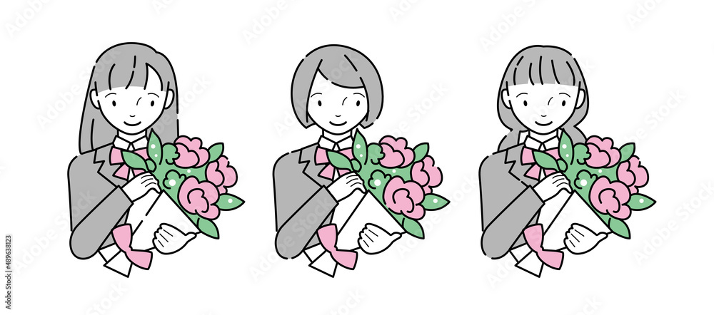 ピンクの花束を持つ制服の女子学生セット（ブレザー）