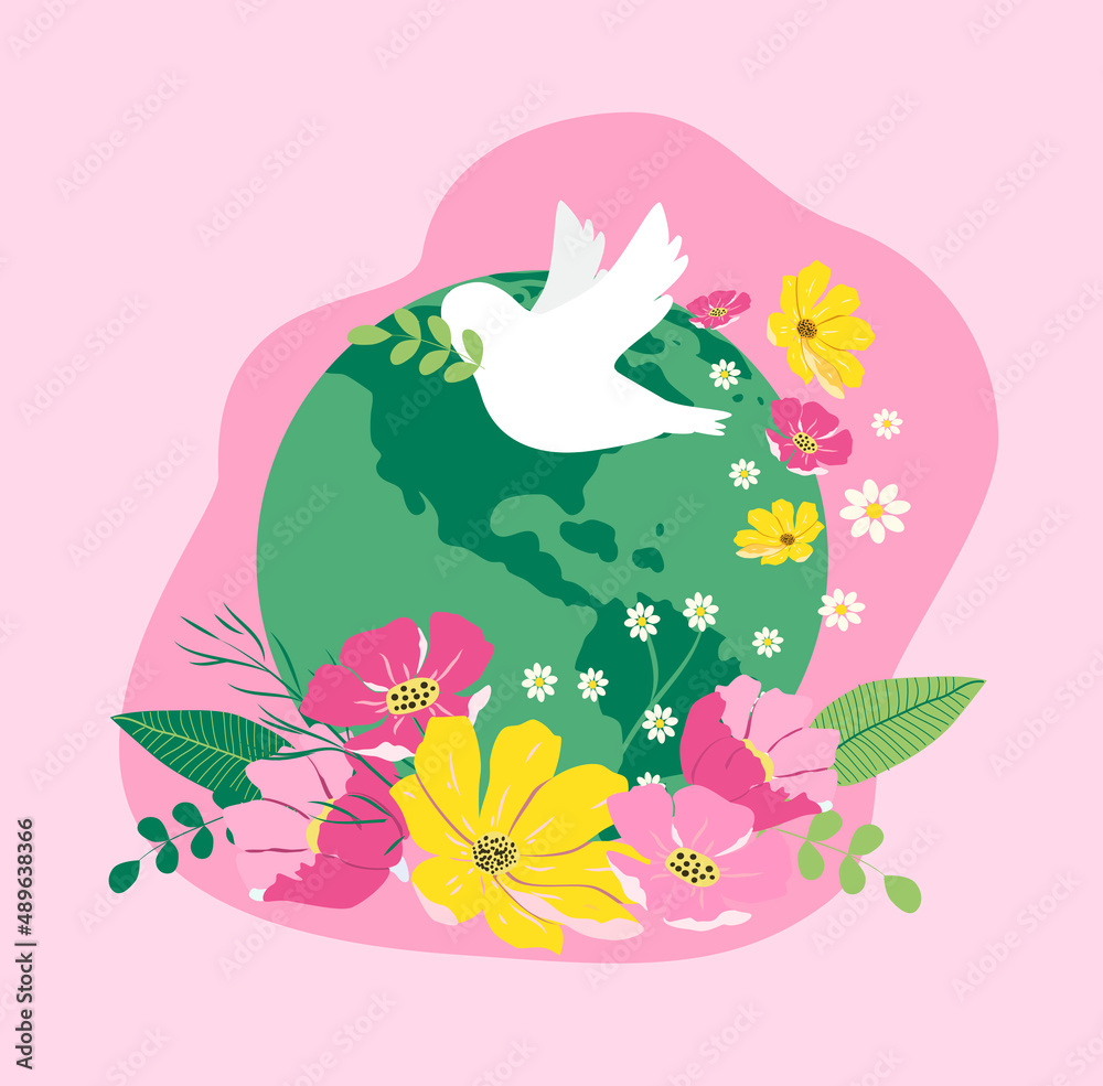 vector hand drawn illustration in flat style on the theme of the day of the earth, spring, peace. Globe surrounded by flowers and dove of peace.