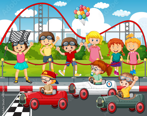 Outdoor scene with children racing car
