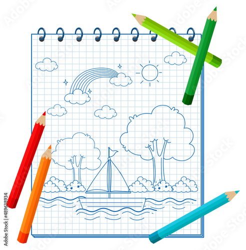 A notebook with a doodle sketch design and colour pencils