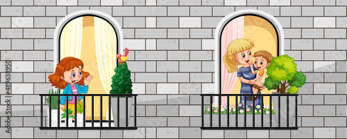 Building facade with people at balcony