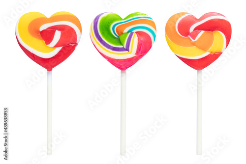 Set of swirl heart lollipops isolated on white background