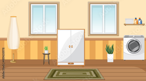 Laundry room interior design with furnitures and decorations