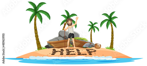 Deserted island with broken boat lying on the beach with help sign