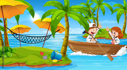 Beach scenery with children in wooden boat