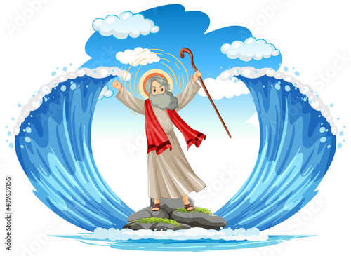 Moses cartoon character with red sea background