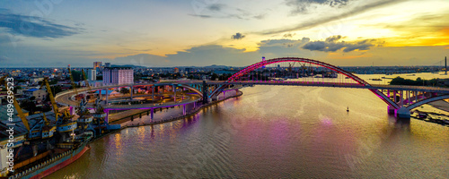 Haiphong, Vietnam Aug 2020 Aerial View of Hoang Van Thu bridge during Sunset