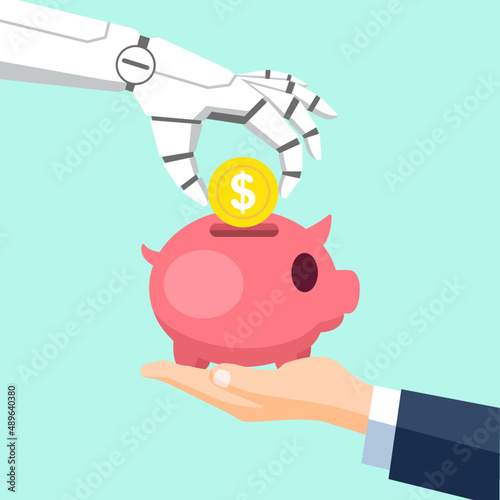 Robot Hand saving coin in the piggy bank on businessman's hand. Ai saving money concept. Vector illustration cartoon in modern flat style for banner, poster, and background.