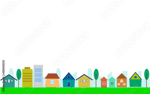 街並み 住宅地 ライン 一列 ベクターイラスト / 住宅地の家の並び / 家とビルと木が並ぶ 自然と住宅街