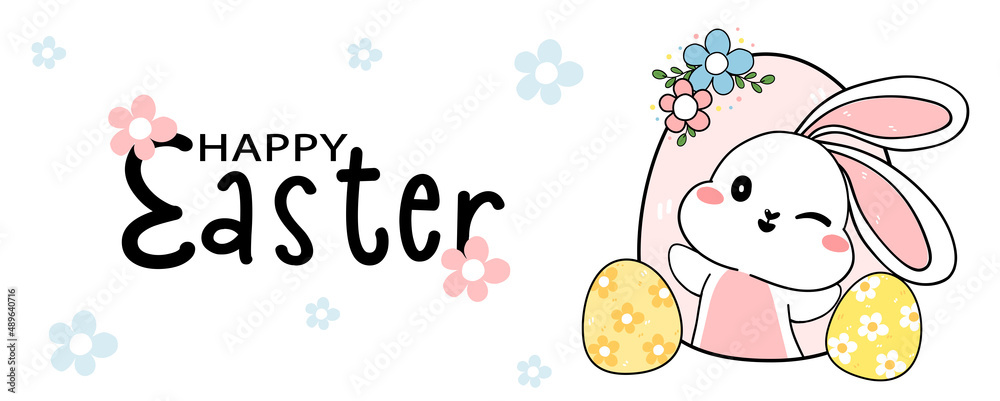 group of cute Happy white baby bunny rabbit in hole, have a lovely day, cartoon drawing outline banner
