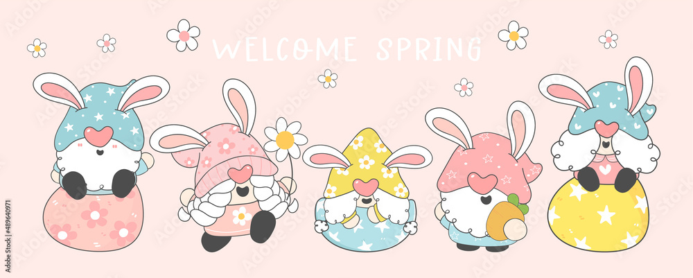 Cute Easter gnome in eggshell group, happy holidays cartoon hand drawing idea for greeting card, banner Cute Easter gnome in eggshell group, happy holidays cartoon hand drawing idea for greeting card, banner