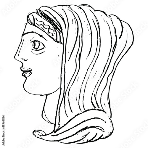 Ancient Greek goddess Hestia or Vesta. Female portrait. head in profile of antique woman in Hand drawn linear doodle rough sketch. Black silhouette on white background.