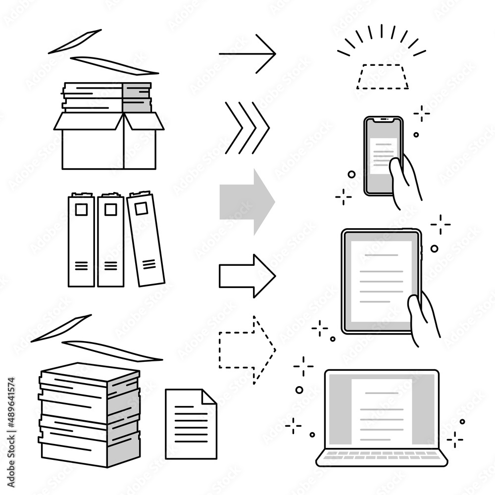 ペーパーレス 書類電子化のビジネスアイコンセット 書類の山と矢印とスマートフォン タブレット Pcのデジタルデバイス Stock Vector Adobe Stock