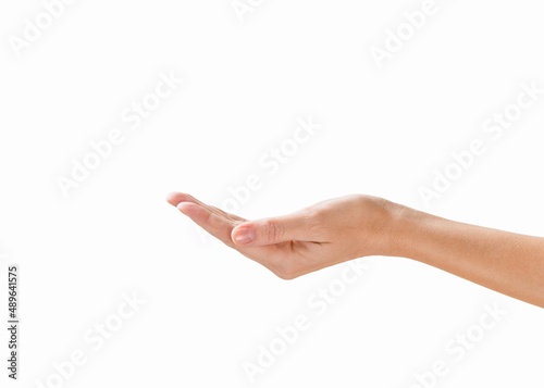Female hand with open palm, suggesting or asking gesture, close up, isolated on white.