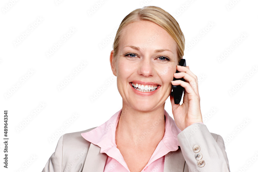 Im always available when my clients call. Studio portrait of a businesswoman talking on her cellphone against a white background. Im always available when my clients call. Studio portrait of a businesswoman talking on her cellphone against a white background.
