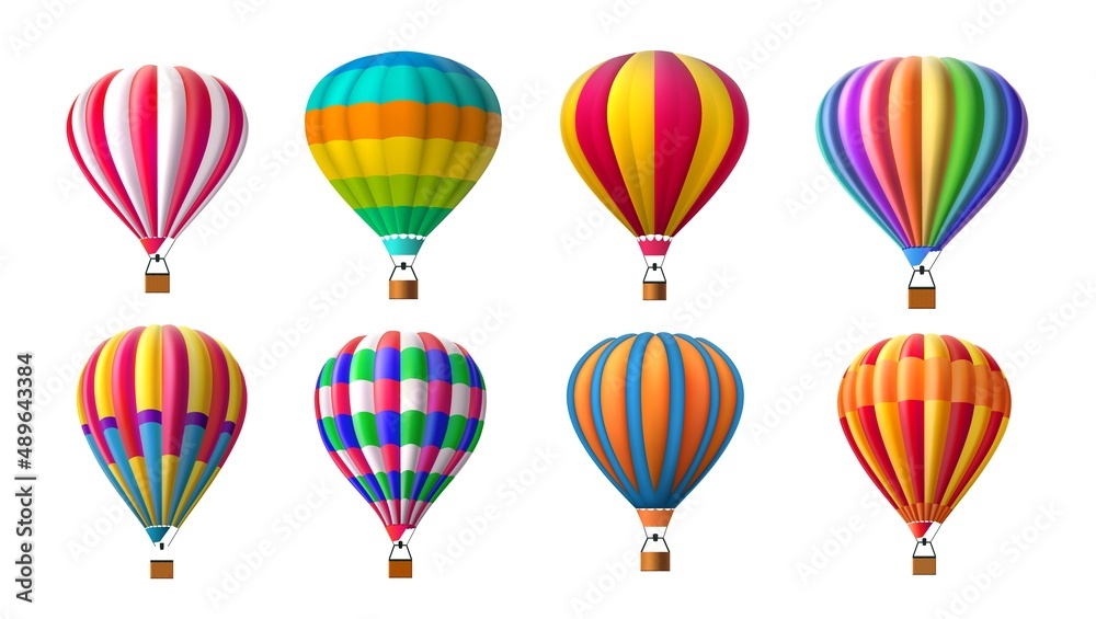Realistic airship. Colorful hot air balloon with basket in flight. Striped dome. Sky transportation. Soaring aerostats. Aerial transport. Summer journey. Vector flying vehicles set